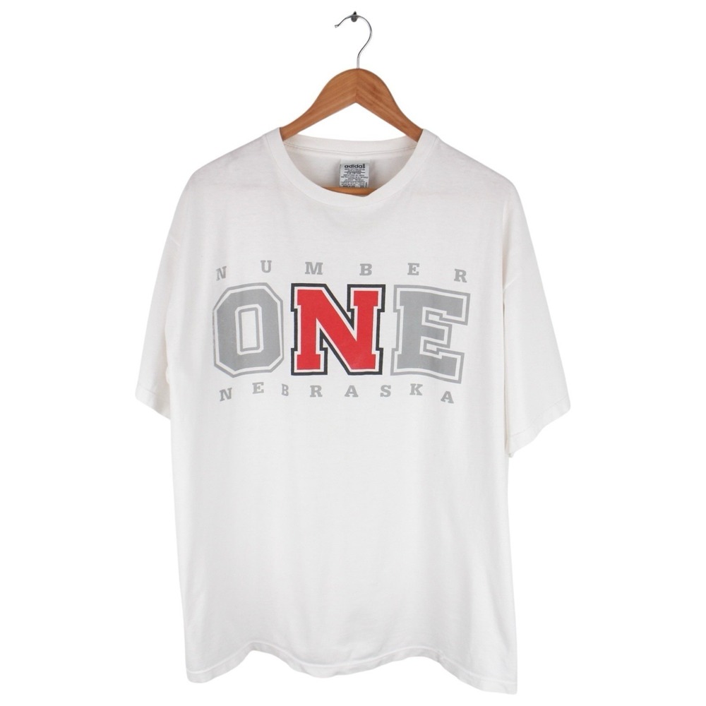 Vintage Adidas Nebraska Cornhuskers Number One Graphic T-Shirt White Large